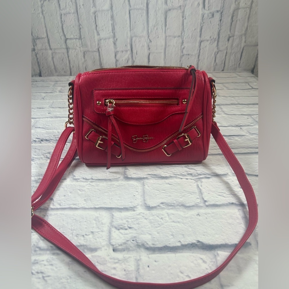 Jessica Simpson Hot Pink Leather Crossbody Bag w/ Cheetah Print Lining.